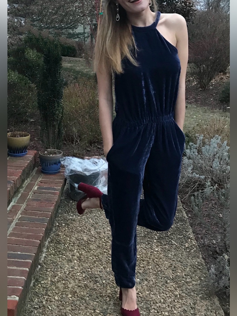 Navy Velvet Halter Jumpsuit with Pockets